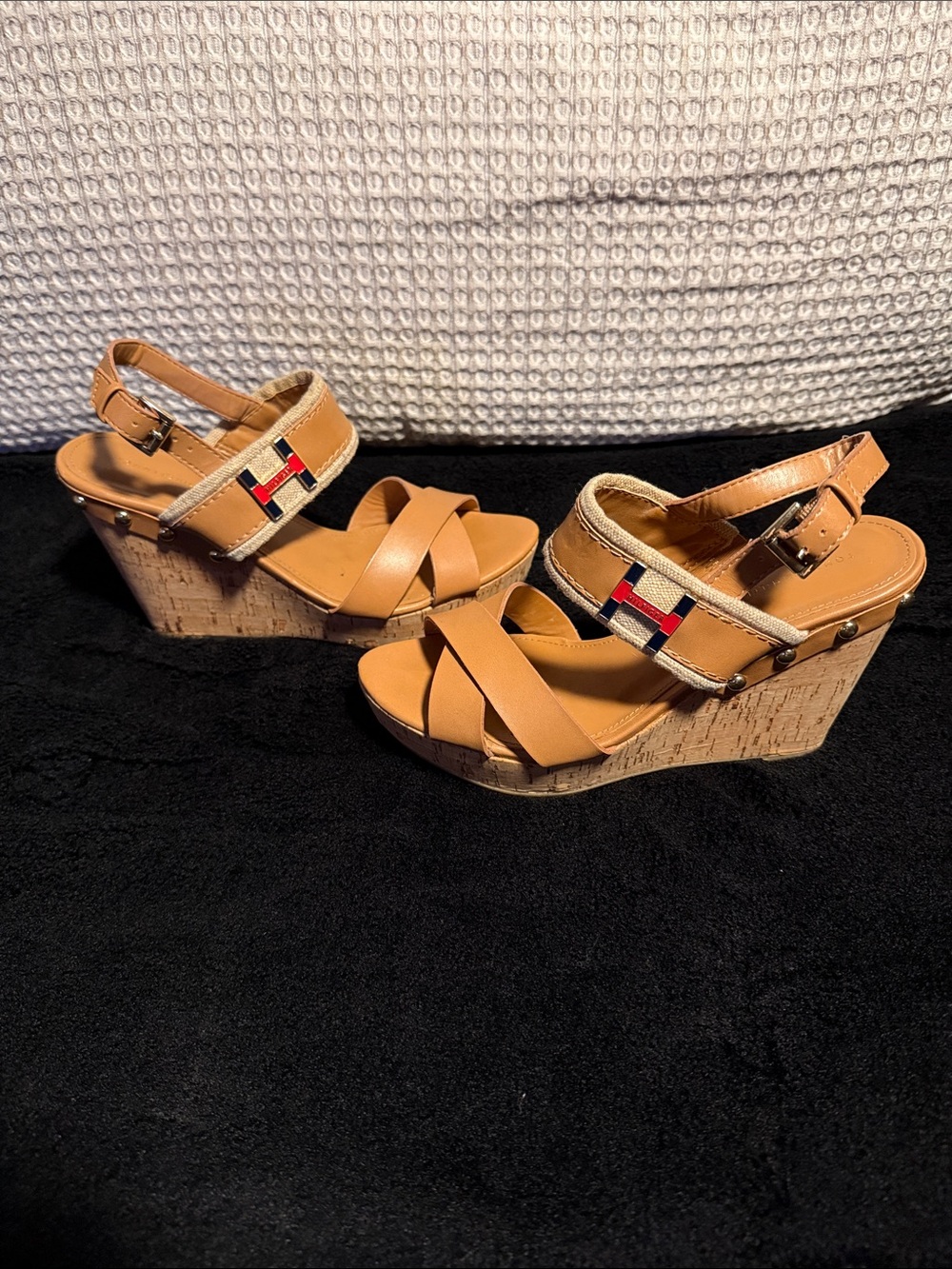 Tommy Hilfiger Tan Leather Cork Wedge Sandals with Signature Flag